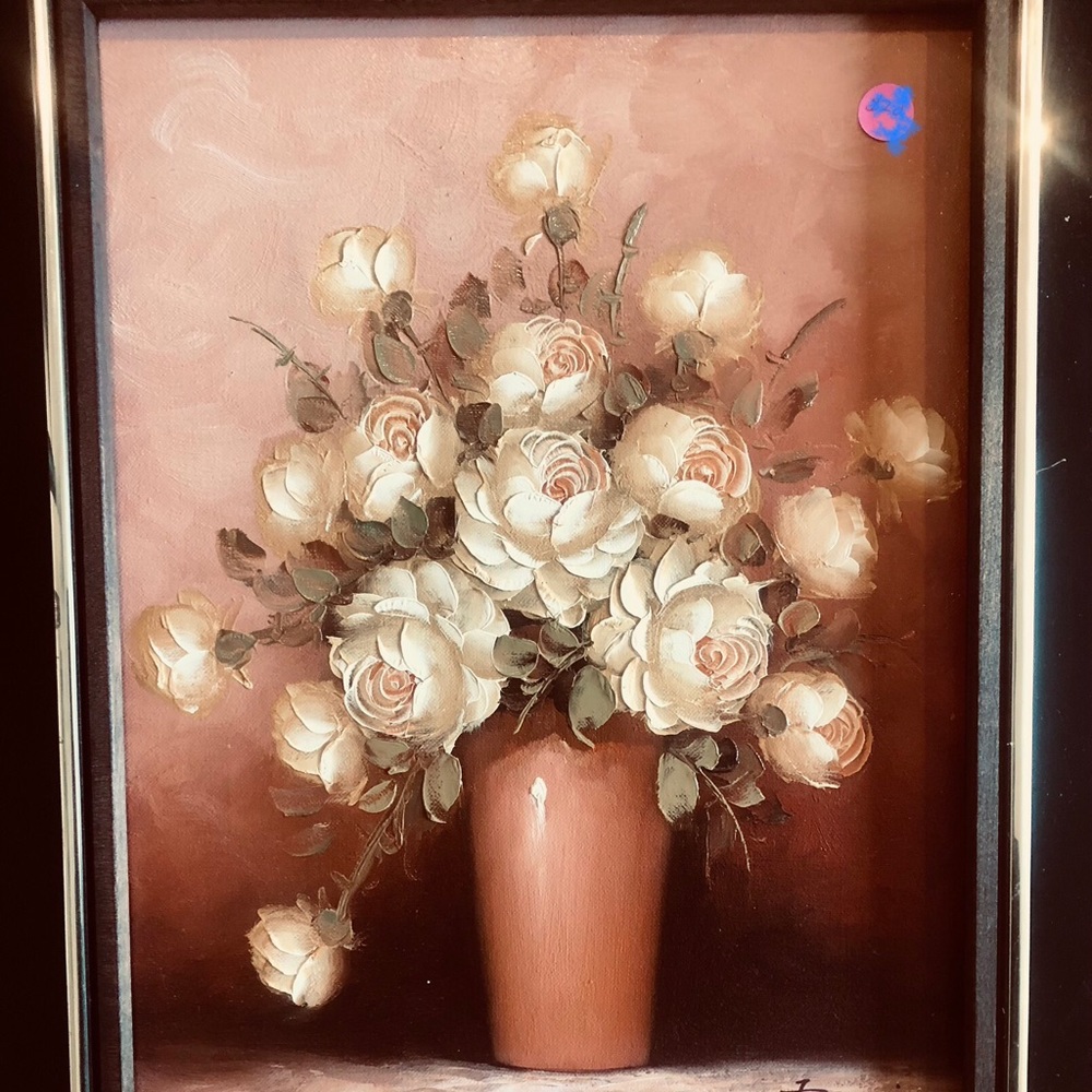 Framed reproduction oil painting of flowers in a vase - signed